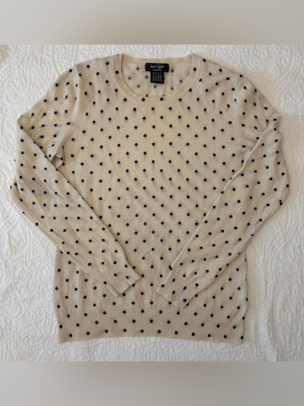 Lord & Taylor 100% cashmere cream and black polka dot sweater